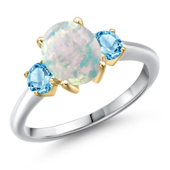 Gem Stone King 925 Silver and 10K Yellow Gold Simulated White Opal and Swiss Blue Topaz Engagement Ring for Women | 1.71 Cttw | Oval Cabochon 9X7MM | Gemstone October Birthstone | Size 7