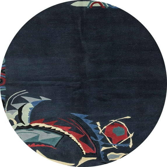Ahgly Company Indoor Round Abstract Blue Moss Green Oriental Area Rugs, 6' Round