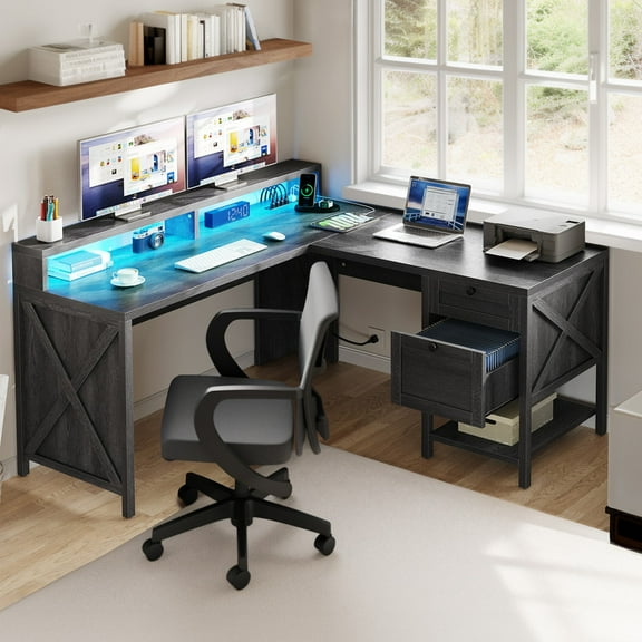 Uforic L Shaped Desk with File Drawer & Monitor Stand, Computer Desk with Power Outlets & LED Lights, Corner Desk Game Desk with Storage Shelves, Gray