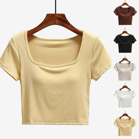ZyeKqe Womens Crop Tops Built in Bra Short Sleeve Shirts Square Neck T Shirts Soft Comfy Tight Tees