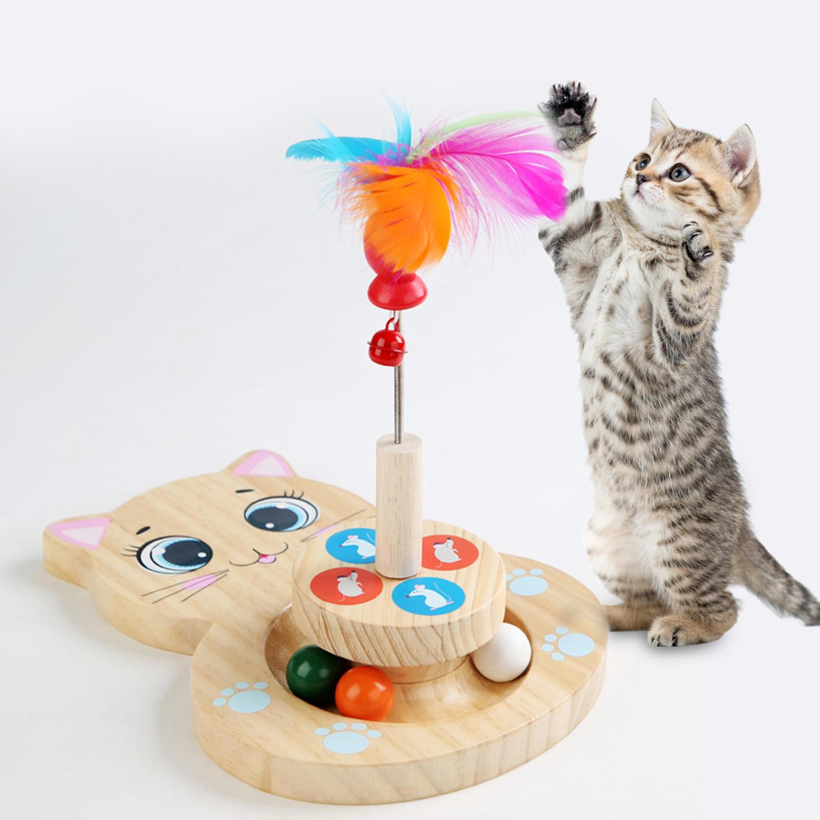 Wooden Cat Toy, Cat Turntable with Balls, Cat Toy Feather Stick, Feather Teaser, Interactive Training Toy , Cat Shaped