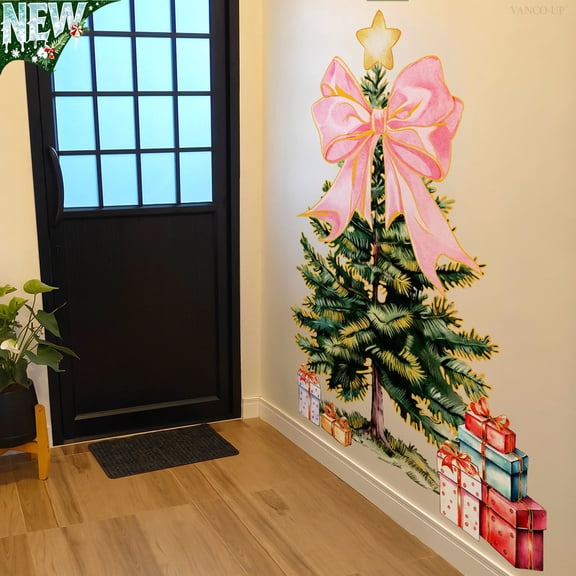 Christmas Tree Wall Sticker,Bow Gift Box Printed Mural Decal, Removable Self‑Adhesive Art Sticker for Entryway Wall Decoration
