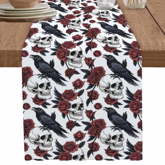 nqOlkjepod White Skull Halloween Table Runner 120 Inches Long Farmhouse Dress Scarves, Red Roses Birds Vintage Dining Tablerunner for Coffee Table/Kitchen Island/Party Décor, 13" x 120"