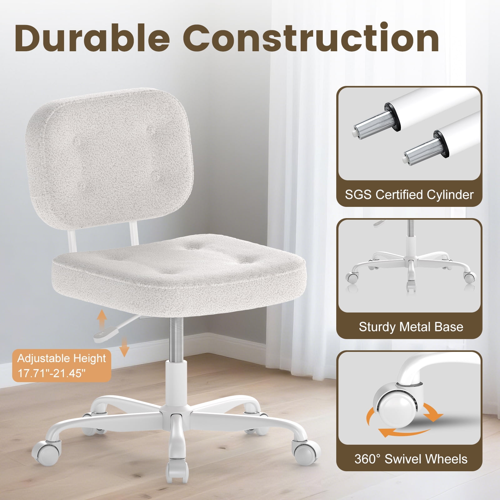 YERAIRR Armless Office Chair with Wide Seat,Teddy Fleece Fabric Computer Desk Chair Thickened Cushion Vanity Chair White