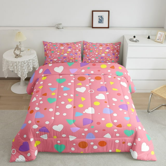 YST Colorful Geometry Comforter Set Abstract Geometric Bedding Full Size Girly Love Heart Print Bedding Comforter Sets for Kids Pink Princess Duvet Insert with 2 Pillowcases