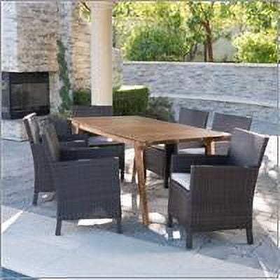 Brady Outdoor 7 Piece Acacia Wood Rectangular Dining Set with Wicker Dining Chairs and Cushions, Teak, Multibrown, Light Brown