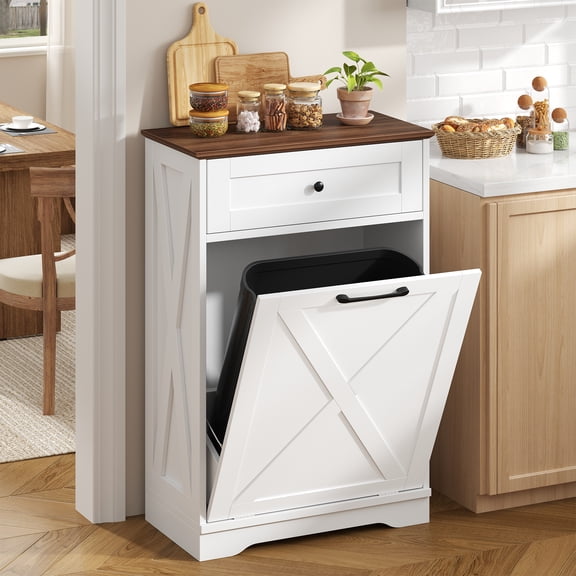 13 Gallons Tilt Out Trash Can Cabinet, Hidden Wooden Trash Garbage Can Holder for Dining Room Kitchen, Pet Proof Trash Bin Cabinet, Laundry Hamper Cabinet with Storage Drawer for Bathroom, White