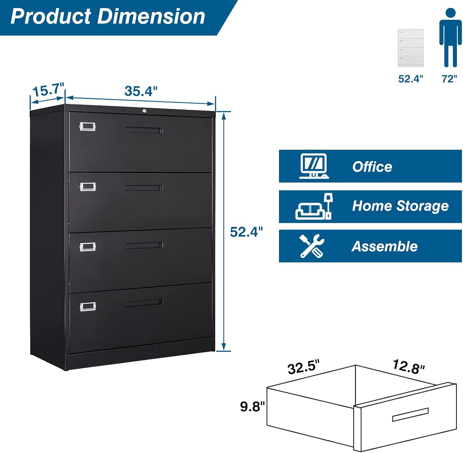 Lateral Filing Cabinets for Home Office, Office Storage Drawers with Lock for Hanging Files Legal/Letter A4 Size, Assemble Required