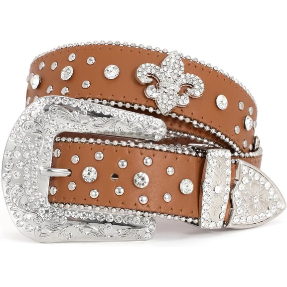 Rhinestone Studded Belt for Men Women, Western Leather Belt for Cowgirl Cowboy Vintage Bling Belt for Pants Dress