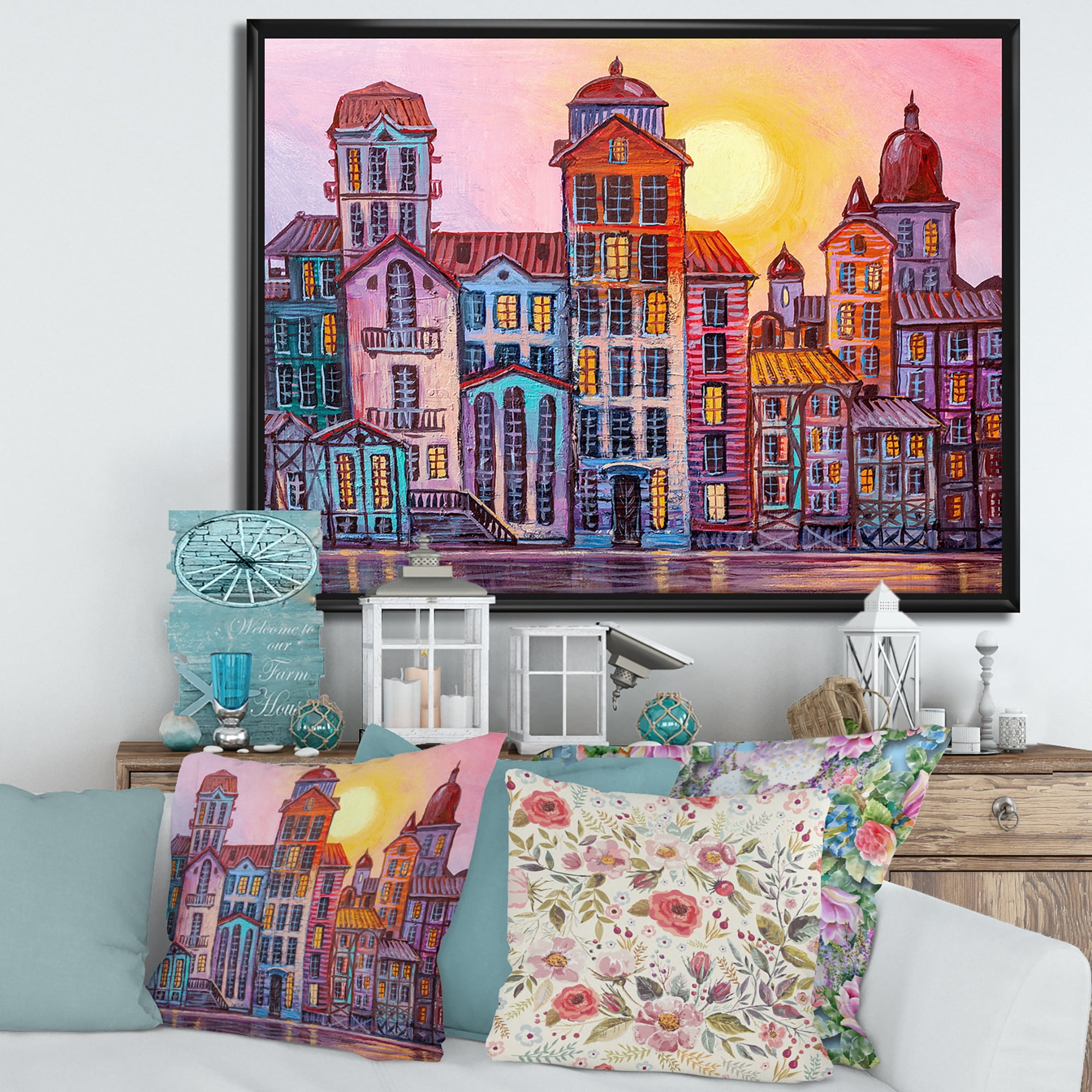 Designart 'Afternoon Street Scene In Old Town With Colorful Buildings' Mid-Century Modern Framed Canvas Wall Art Print
