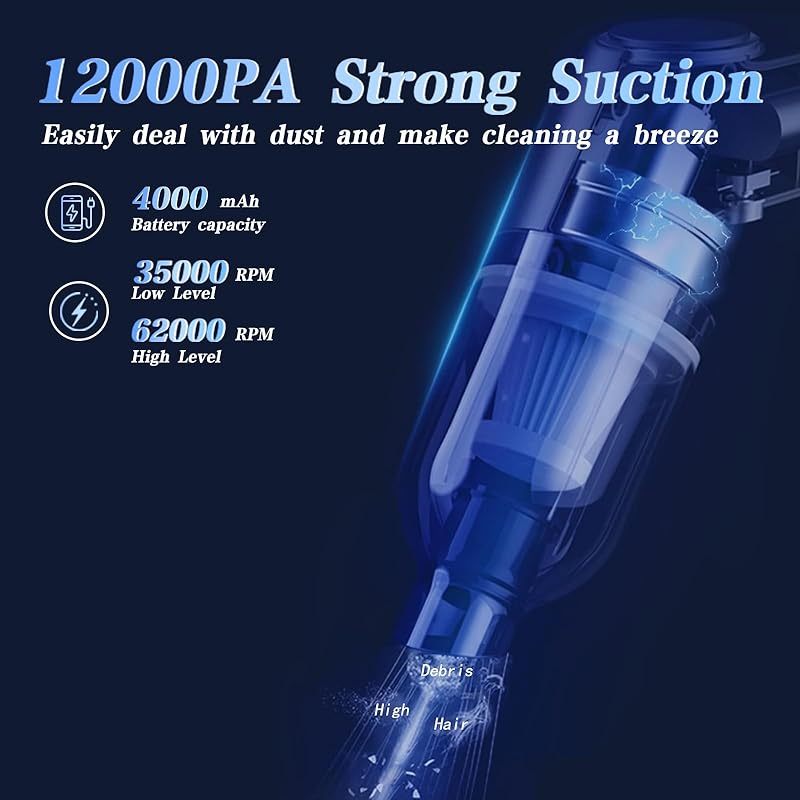 Handheld Car Vacuum Portable Cordless, 4 in 1 Mini Vacuum Cleaner High Power, 12000Pa Suction, Air Duster, 4000mAh, 80W Brushless Motor, Multi-Nozzles for Car, Home, Office & Pet Cleaning