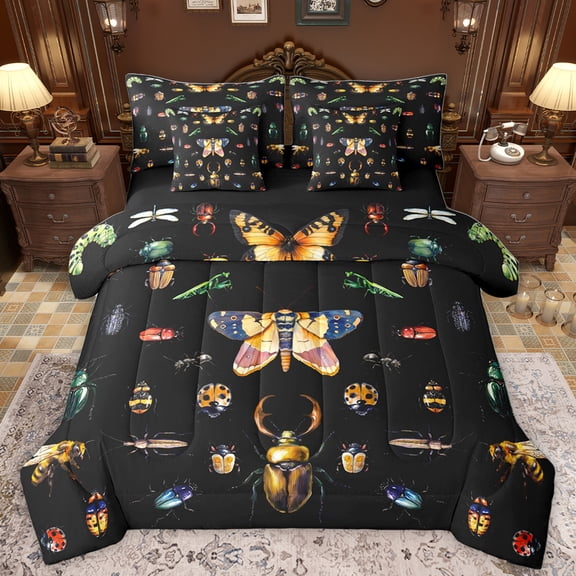 Homewish Retro Rustic Moth 7-Piece Twin Bedding Sets,Wild Bee Bedding Comforter Set,Black Brown Sheet Sets For Boys Kids,Ultra Soft Home Decor Reversible