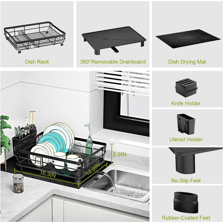 ULG Dish Drying Rack with Drainboard, Countertop Dish Rack, Rustproof Dish  Drainer for Kitchen Counter, Draining Rack with Detachable Utensil Holder,  Adjustable Swivel Spout Dish Strainers, Black - Yahoo Shopping