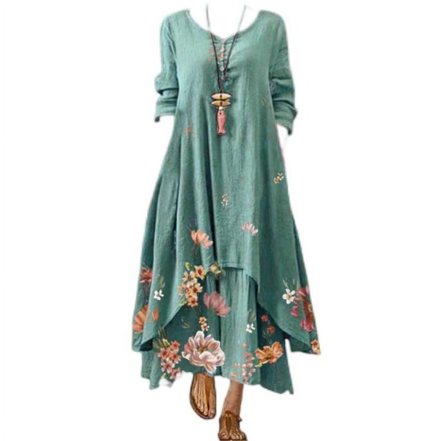 JFBUJC Robe Décontractée à Fleurs pour Femmes, Col Rond, Manches Longues, Irrégulière, Ample, Longue