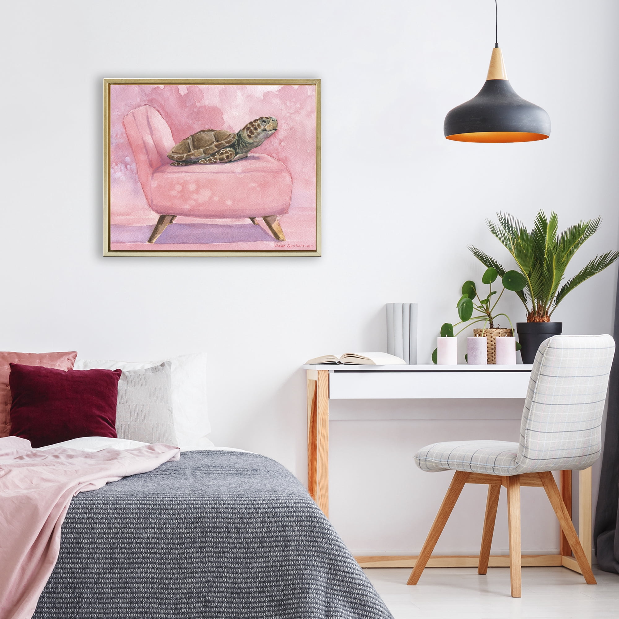 Stupell Industries Happy Turtle on Pink Chair Gold Framed Floater Canvas Wall Art, design by George Dyachenko