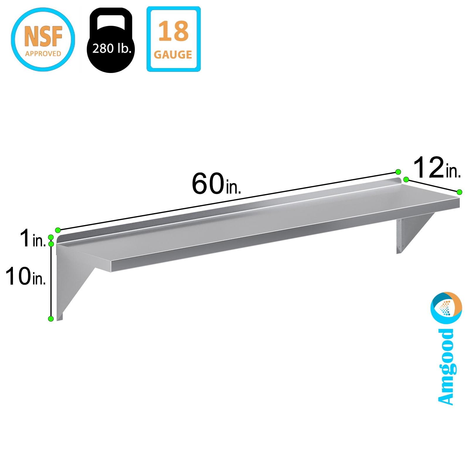 AmGood 12" Width x 60" Length | Stainless Steel Wall Shelf | Square Edge | Metal Shelving | Heavy Duty | Commercial Grade | Wall Mount | NSF Certified