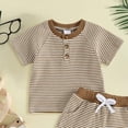 thumbnail image 4 of Gubotare Toddler Baby Boy Clothes 6 12 18 Months 2T 3T Summer Outfit Waffle Knitted Stripe Casual T-shirt Tops Shorts Sets Brown,Size 3-6 Months, 4 of 5