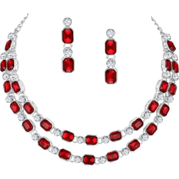 Parshwa Creations Indian Bollywood Style Silver Plated Rhinestone Jewelry Set Necklace with Earrings for Women - Crystal, Alloy Jewelry Set for Party, Wedding, Engagement