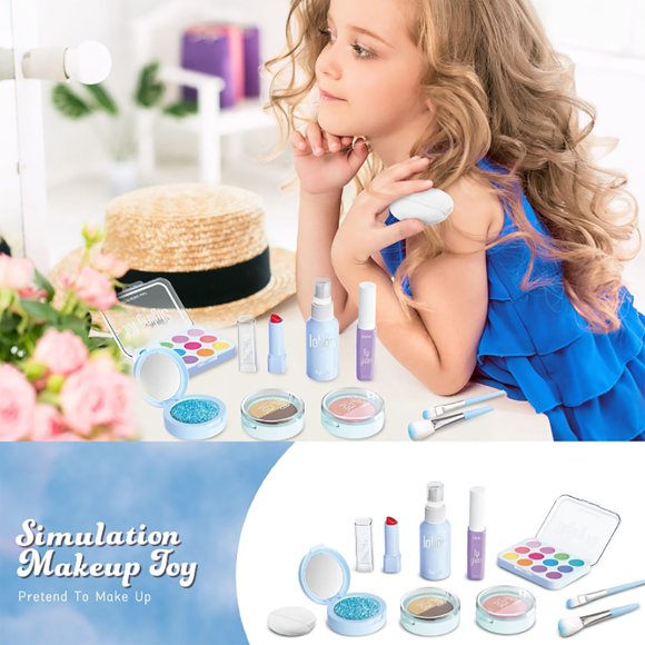 Jkkant Kids Makeup Kit, Pretend Play Cosmetic Set with 10PCS Accessories, Beauty Salon Role Play Toy for Girls, Birthday Gift, Non-Toxic & Washable