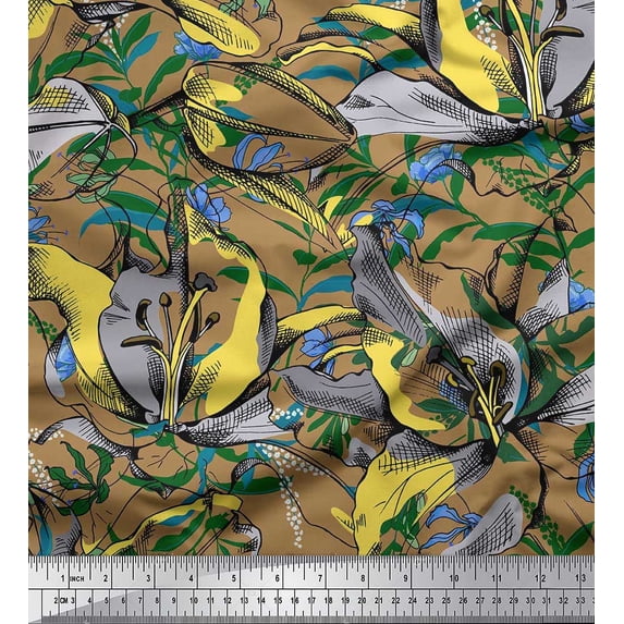 Soimoi Brown Cotton Cambric Fabric Leaves & Floral Print Fabric by The Yard 42 Inch Wide