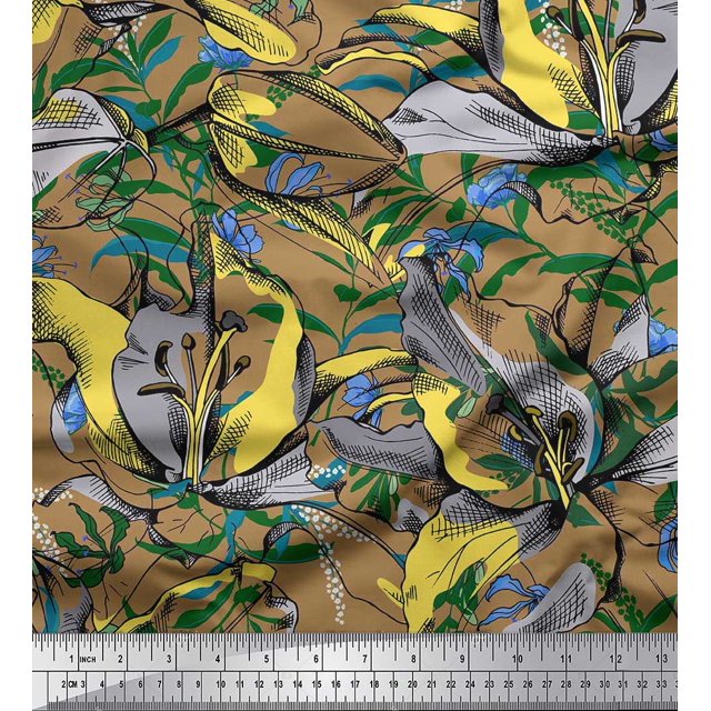 Soimoi Brown polyester Crepe Fabric Leaves & Floral Decor Fabric Printed BTY 42 Inch Wide