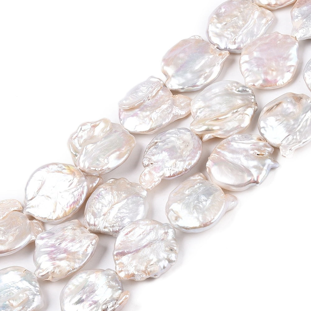 2strands Natural Baroque Keshi Pearl Beads Strands Button Shape Flat Round Seashell color 19~26x18~26x4~9mm Hole 0.6mm 19~20pcs/strand 15.35~16inch