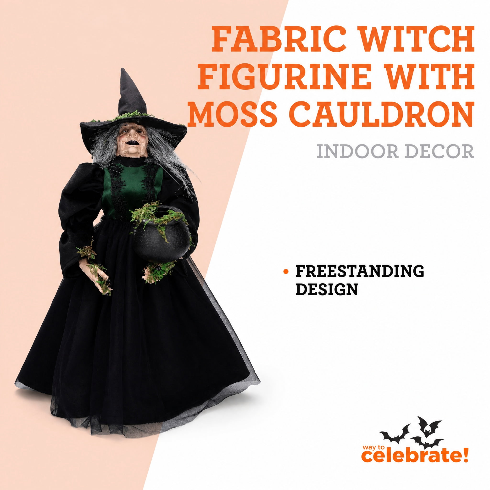 Fabric Witch Figurine with Moss Cauldron Decoration, Black, 17.6", Halloween by Way To Celebrate