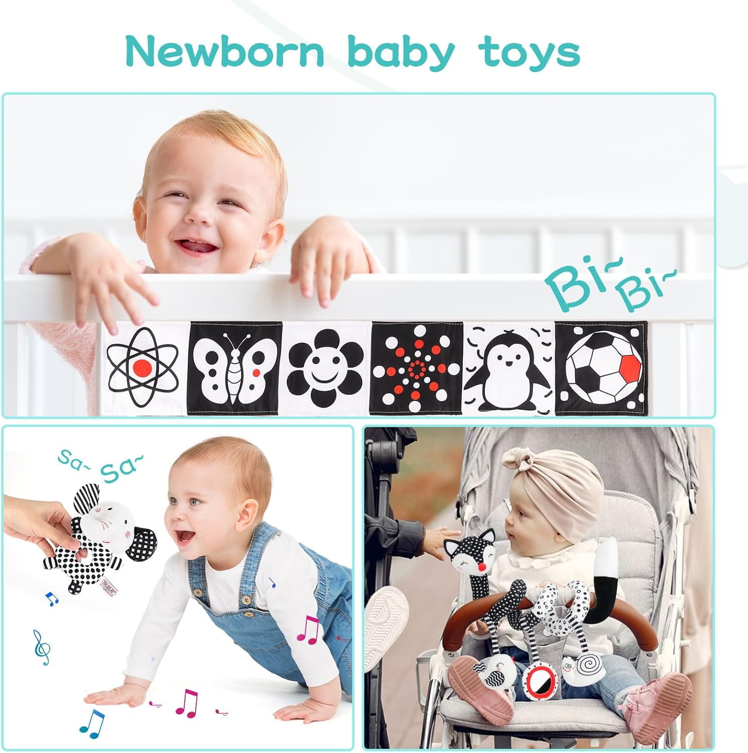 3 Pcs Baby Toys，Black and White Baby Toys，High Contrast Baby Toys
