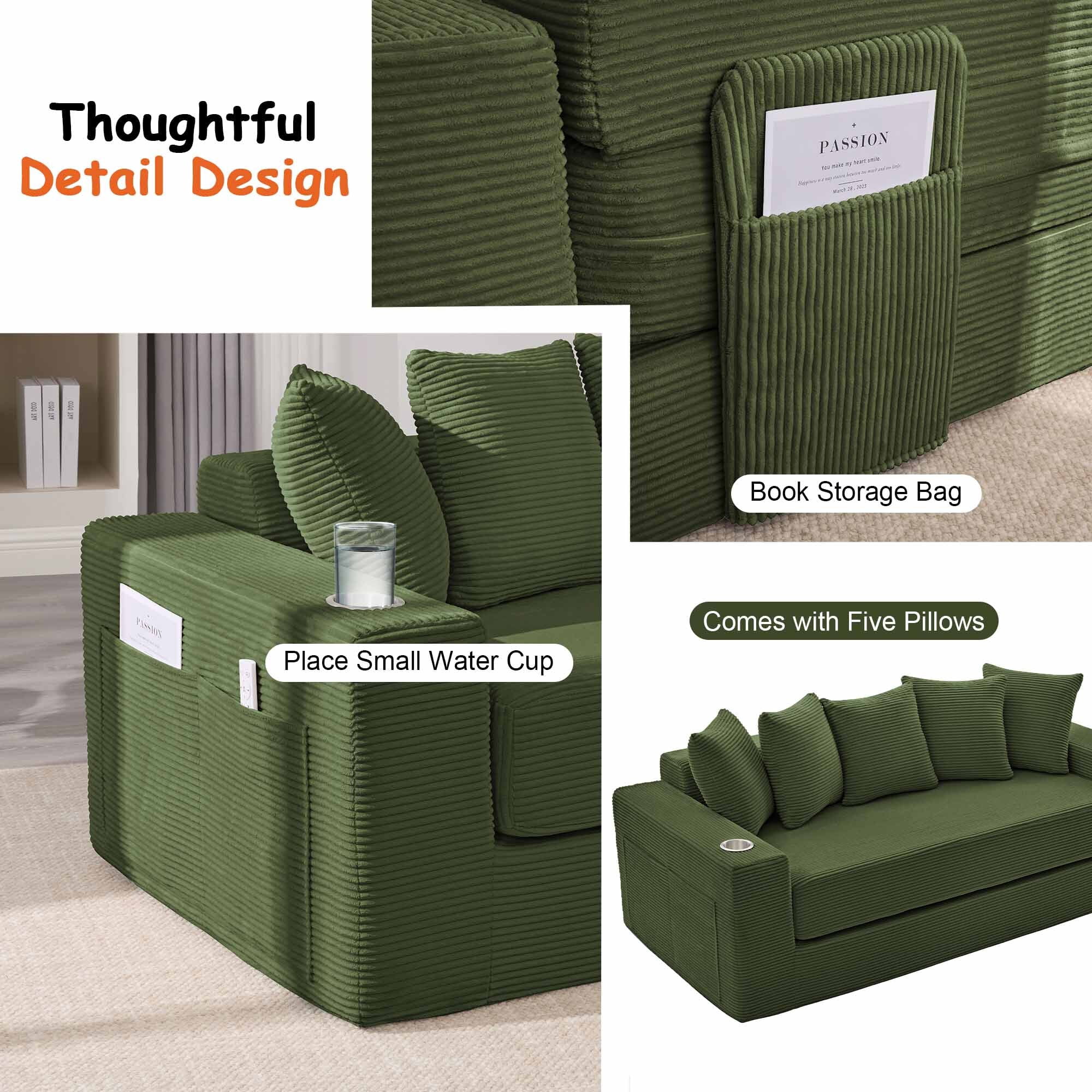 Lunale 2-in-1 Convertible Sofa Bed, Boneless Futon Cloud Couch, No Assembly Required, Pull Out Sleeper Sofa for Living Room, Green Corduroy