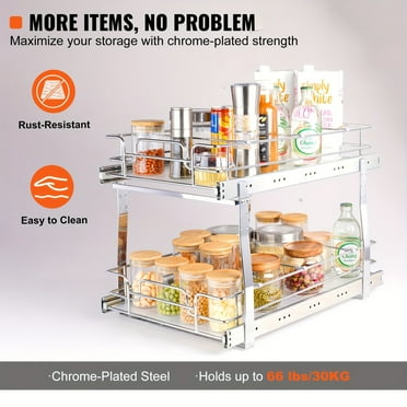 2 Tier 14"W x 21D Pull Out Cabinet Organizer, Heavy Duty Slide Out Pantry Shelves, Chrome-Plated Steel Roll Out Drawers, Sliding Drawer Storage For Inside Kitchen Cabinet, Bathroom, Under Sink