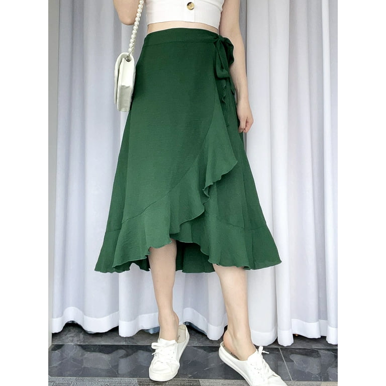 Wenseny Women's Satin Asymmetrical Long Wrap Skirts Ruffled Hem