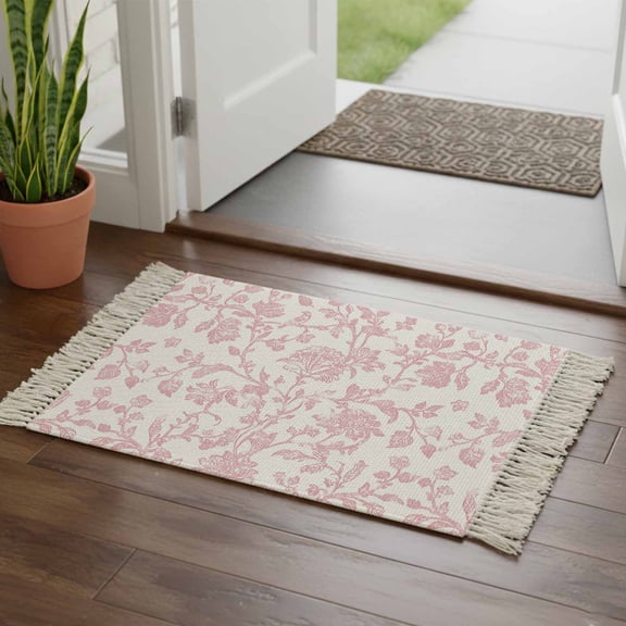 Pink Flower Bathroom Rug 2'x3', Vintage Farmhouse Boho Leaf Spring Solid Low Profile Front Entryway Rug with Tassels, Woven Cotton Washable Kitchen Mat Carpet for Foyer Bedroom Back Door Decor