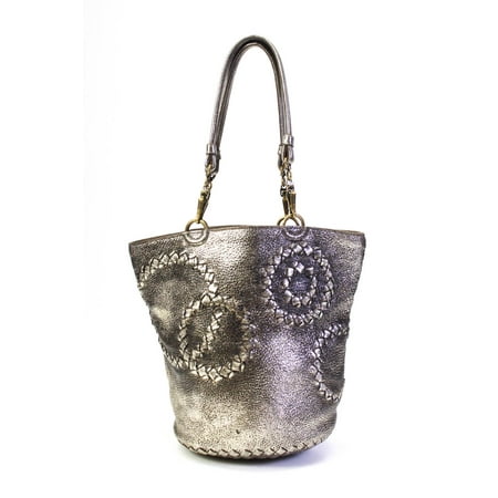 Pre-owned|Bottega Veneta Womens Leather Woven Detail Shoulder Handbag Silver Metallic