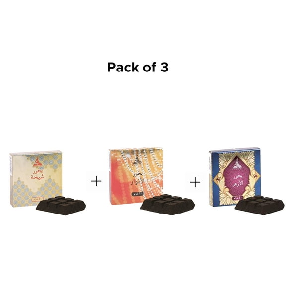 Pack of 3 HAMIDI BAKHOOR SHEIKHA, AL ANWAR and AL AZHAR 40 GM INCENSE FRAGRANCE FOR HOME