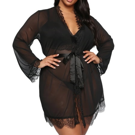 

ZNU Women s Plus Size See Through Mesh Lace Sexy Lingerie Robe Pajamas Thong Set