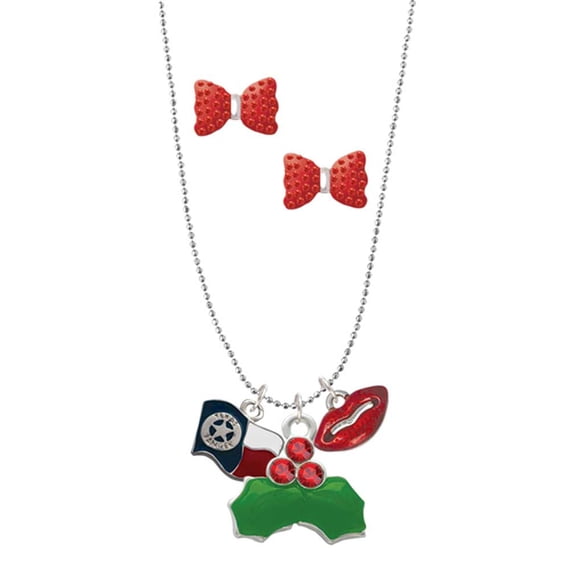 Delight Jewelry Silvertone Texas Flag - Ranger Christmas Kiss Charm Necklace and Stud Earrings