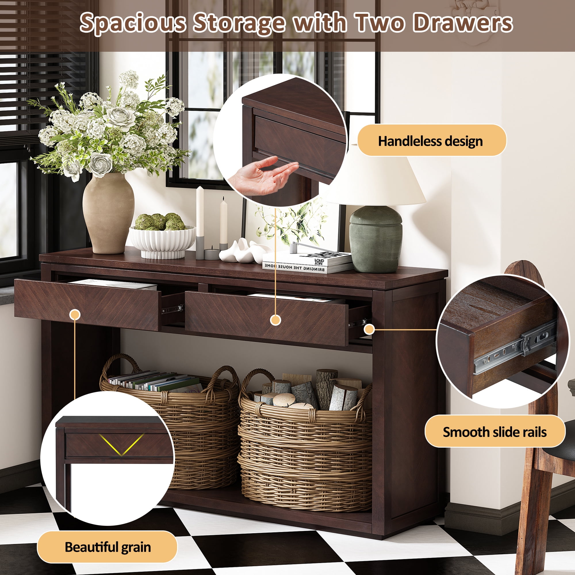 EUROCO 55" Long Console Table with 2 Drawers,Wooden Entryway Table with Open Storage Shelf, Sofa Table Behind Couch Foyer Tables for Living Room Hallway Entrance,Espresso