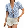 thumbnail image 2 of Women'S Gingham Crop Top Puff Sleeve V-Neck Tie Front Blouse Summer Shirt with Elastic Cuffs Blue XL, 2 of 9