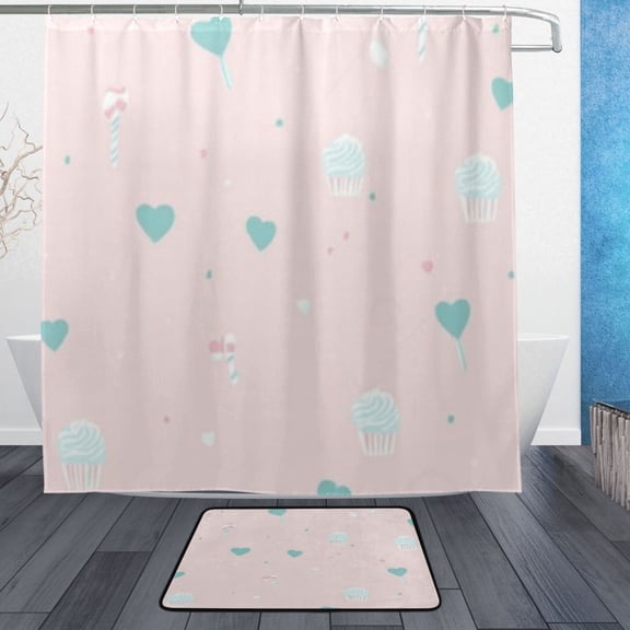 Sweet Treats with Hearts and Cups Bathroom Accessory Sets Waterproof Shower Curtain with Anti-Slip Bath Mat Durable Combo