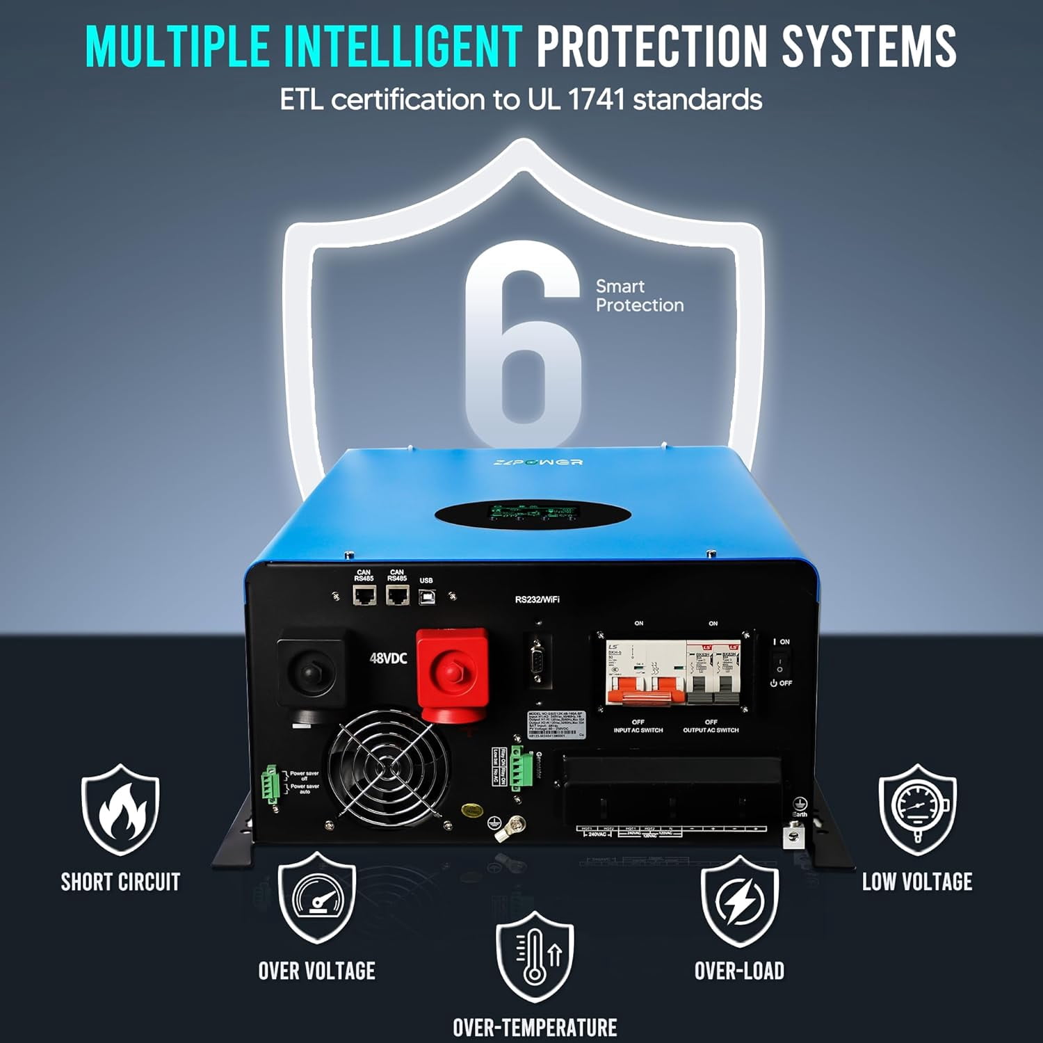 10KW Solar Hybrid Inverter Off Grid 110/220Vac Low Frequency DC 48V AC Input 240V AC Output 120V/240V Split Phase Pure Sine Wave Power Converter with 2x80A MPPT Charger Controller 10000W