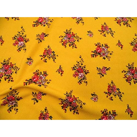 Printed Liverpool Textured 4 Way Fabric Stretch Yellow Red Pink Mint Floral Bouquet I400