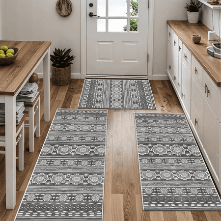 TECHVIDA Gray Kitchen Rug Set 3 Piece,Non Slip Machine Washable Kitchen Mats,Boho Farmhouse Hallway Doormat for Home Decor