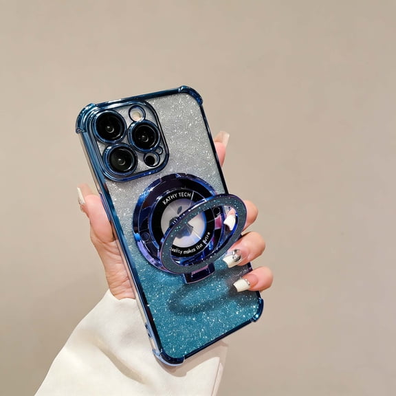 For iPhone 16 Plus Phone Case,With Contractile Ring Kickstand,Built-in Lens Camera Protector,Bling Gradient Glitter Back,Logo View Design,Electroplated Bumper,Shockproof Phone Case,Blue