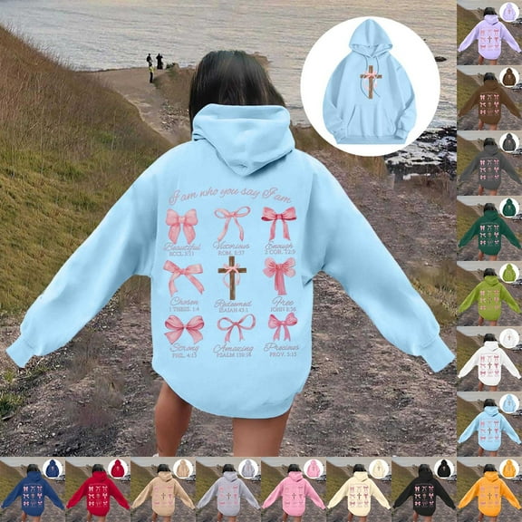 YUEHUA Womens Hoodie Ribbon Bow Printed Graphic Sweatshirt Drop Shoulder Pullover Hoodies