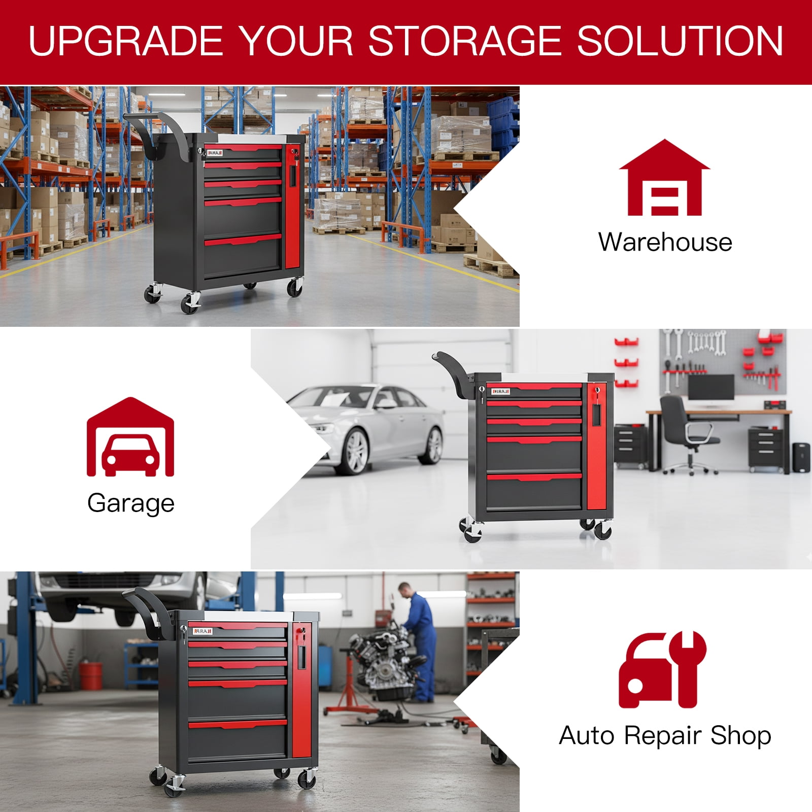 5-Drawer Rolling Tool Chest with Lock, Large Mobile Tool Cart & Cabinet for Garage Workshop Storage,Tool Box Red
