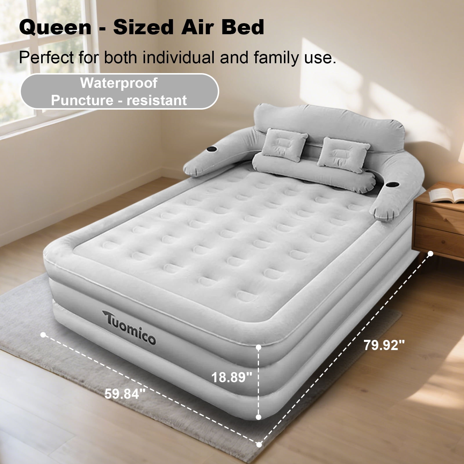 KFeng Queen Size Inflatable Air Mattress with Built in Pump Leak Proof,Foldable,Removable Backrest & Pillows（Gray))