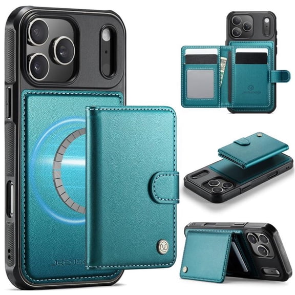 JEEHOOD Case For iPhone 17 Pro Max, RFID Blocking Compatible With MagSafe Detachable 2 In 1 Wallet With Snap fastening Card Holder,PU Leather Case,Kickstand Magnetic Protective Women Men Cover,Blue