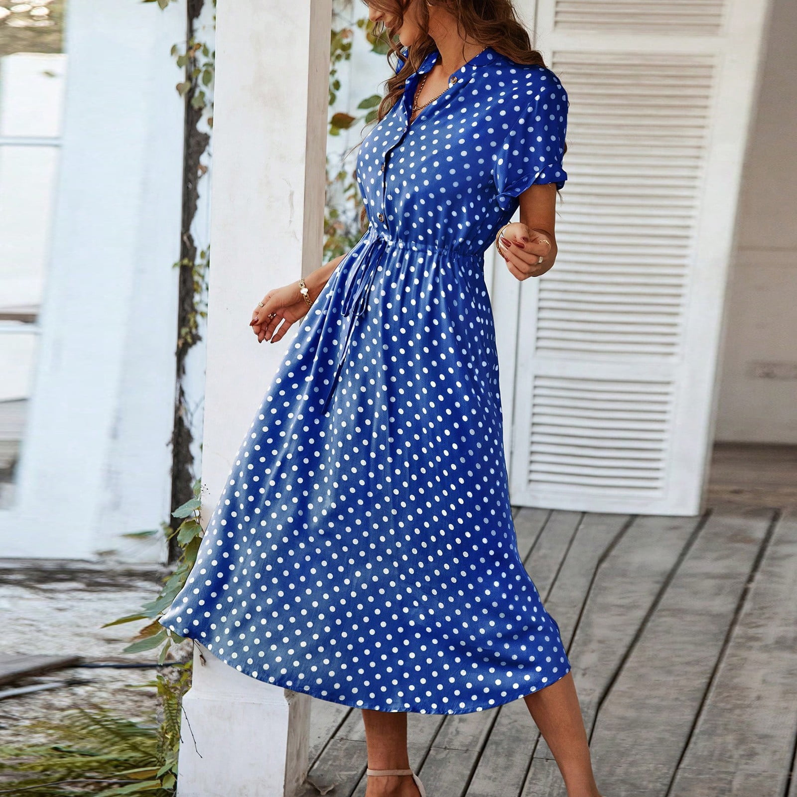 Women's Vintage Polka Dot Midi Dress Short Sleeve V-Neck Button Down Casual  Summer Dress with Adjustable Waist Tie