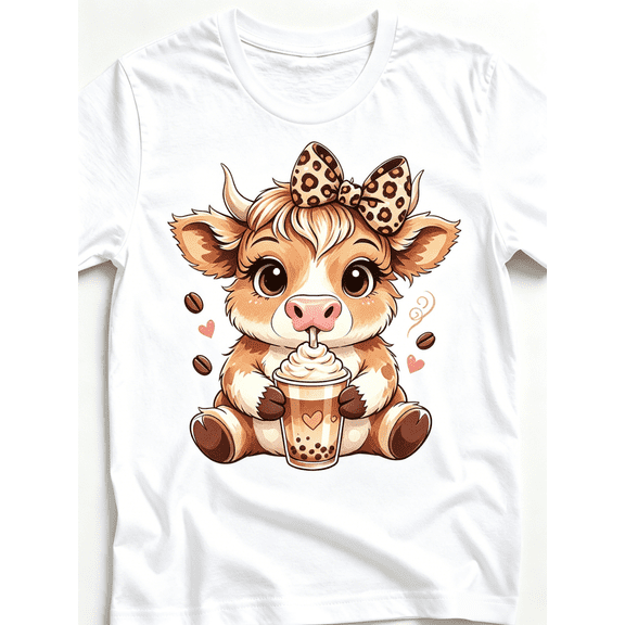 Cute Highland Cow With Leopard Bow Drinking Iced Coffee Graphic T-Shirt Women Casual Crew Neck Short Sleeve Tee
