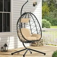 thumbnail image 2 of PAPROOS 2PCS Wicker Egg Chair, Indoor Outdoor Swing Chair with Stand and Removable Cushion, All-Weather Rattan Hanging Basket Chair Hammock Chair for Patio Balcony Porch Garden, Beige, 2 of 10